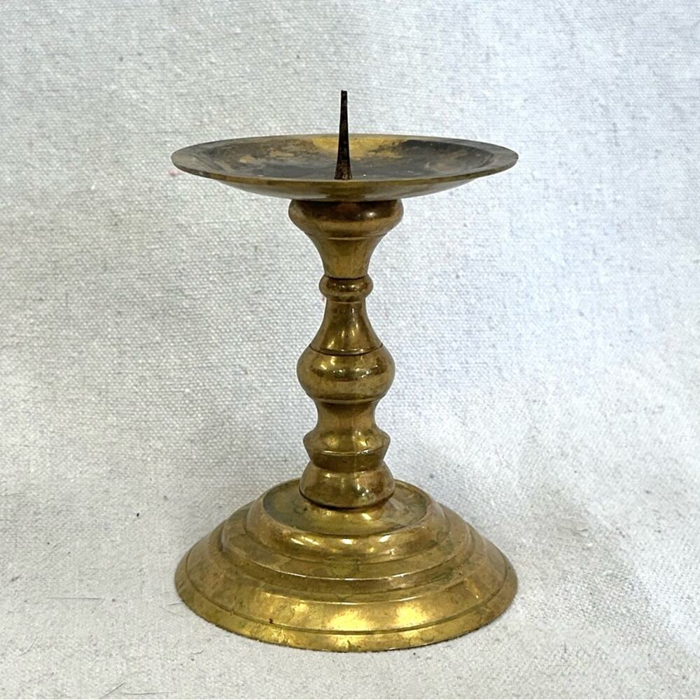 Vintage solid‎ brass 5 inch pillar candlestick with center spike Made in India